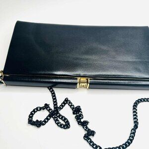 Vintage Black Leather Clutch Chain Bag Classic Evening Style